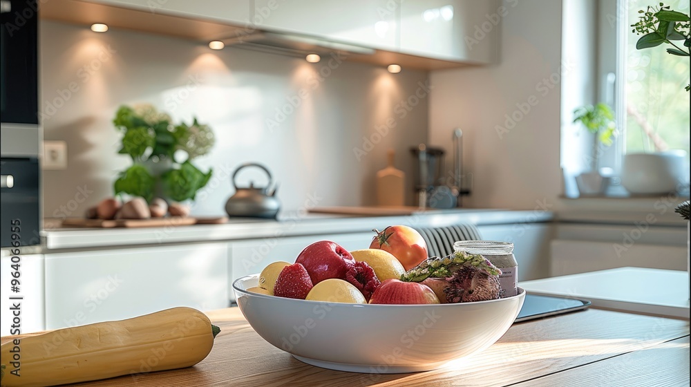 A table in the kitchen, bright, white background. Generative AI. A table in the kitchen, bright, white background. Generative AI.