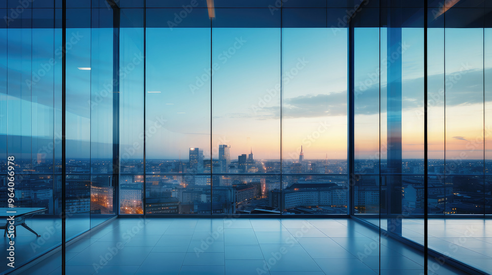 Fototapeta premium Modern Office with Panoramic City View at Dusk