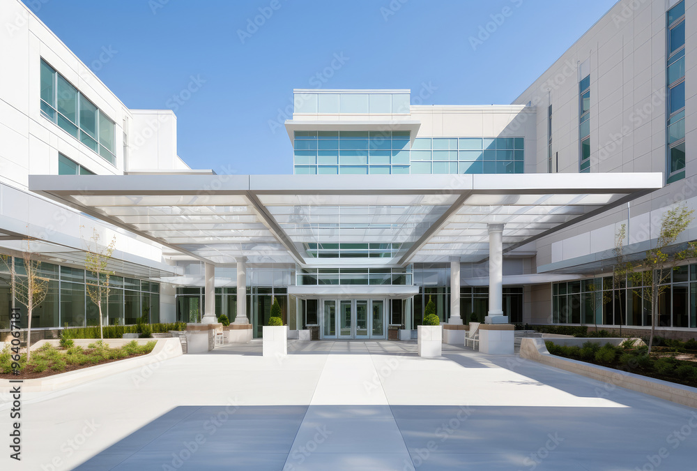 Modern Commercial Building Entrance with Clear Sky Modern Commercial Building Entrance with Clear Sky