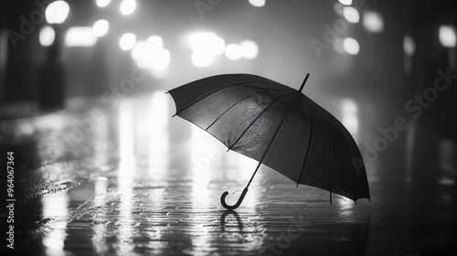 Wallpaper Mural Moody Noir Scene: Lonely Umbrella in Rainy City Streets with Reflection of Lights, Black and White Aesthetic with Deep Shadows Torontodigital.ca