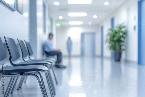 Empty chairs in a hospital corridor. This photo depicts the waiting area of a hospital, perfect for showcasing themes of healthcare, patience, and medical services.