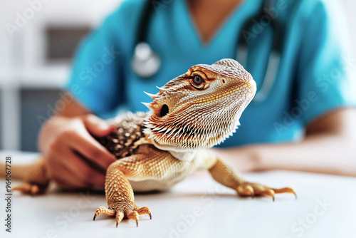 Bearded dragon on white table being examined by veterinarian in blue coat with stethoscope. Close-up of lizard.Generative AI