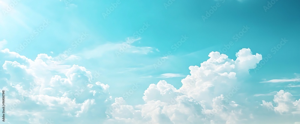 A Serene Sky: Bright Blue and Fluffy White Clouds Reflecting Tranquility A Serene Sky: Bright Blue and Fluffy White Clouds Reflecting Tranquility