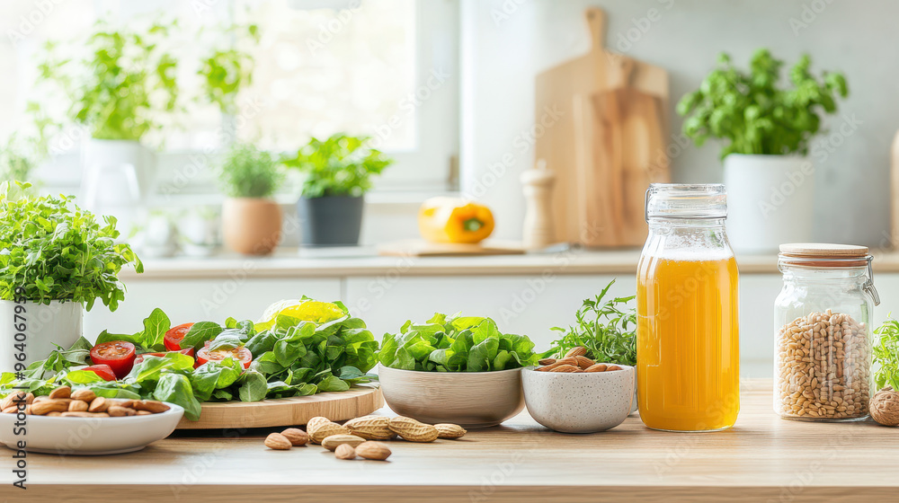 Fresh salad ingredients on a kitchen countertop featuring greens, tomatoes, nuts, and a glass of juice Fresh salad ingredients on a kitchen countertop featuring greens, tomatoes, nuts, and a glass of juice