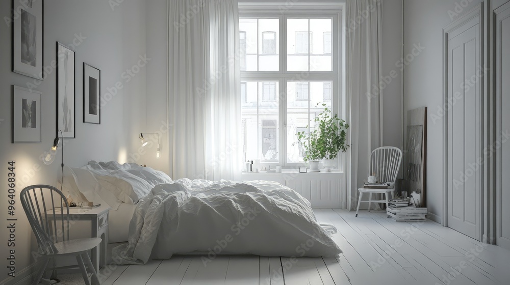 Fototapeta premium Scandinavian style bedroom with simple furnishings
