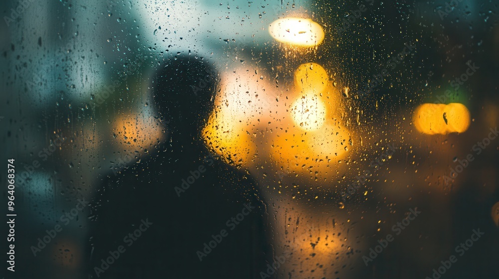 Obraz premium Moody Cinematic Rainy Window Scene with Blurry Figure Looking Outside