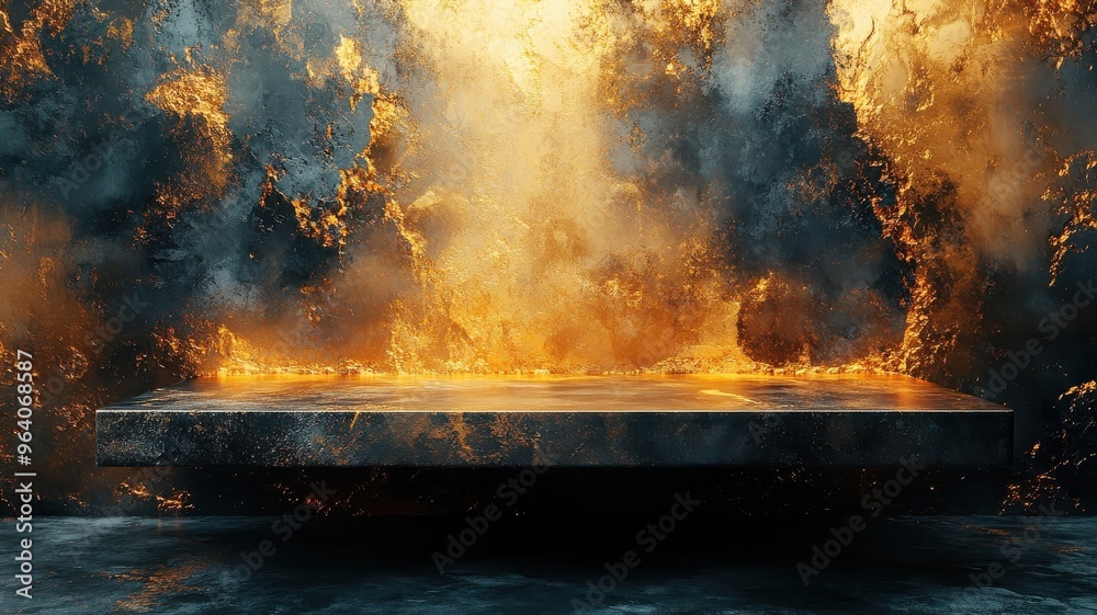 Dramatic abstract expressionism style gold chrome podium with vivid brushstrokes and contrasts. Dramatic abstract expressionism style gold chrome podium with vivid brushstrokes and contrasts.