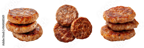 set of pork sausage patties with a crispy edge, ideal for breakfast on a transparent background