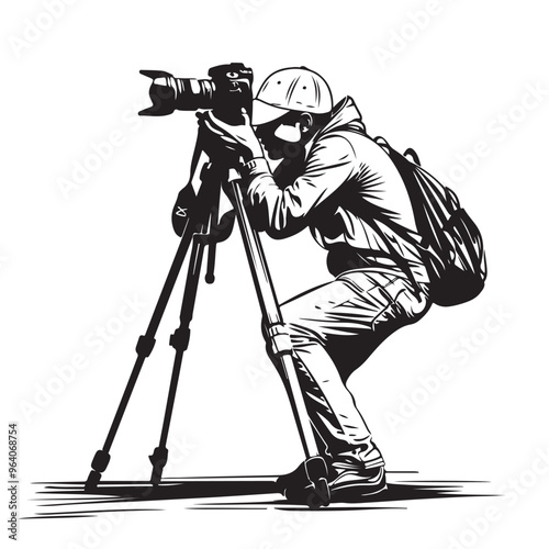 Photographer Holding Camera with Tripod Vector Illustration Stock vector isolated on white background