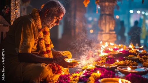 A man in yellow robes lights a diya in a temple surrounded by flowers and smoke. photo