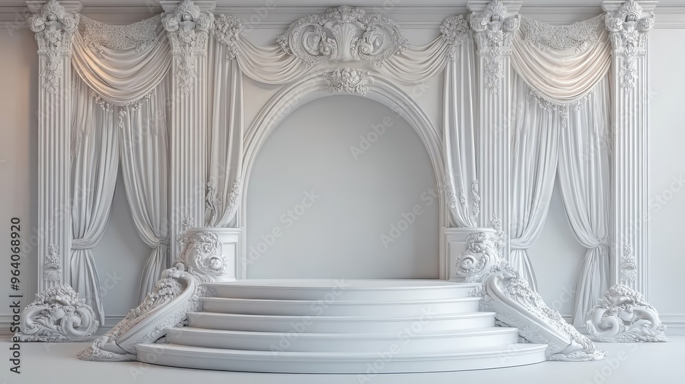 Fototapeta premium Elegant white podium in Art Nouveau style with ornate patterns and flowing lines.