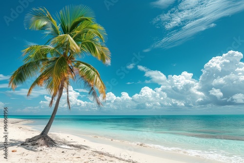 Tropical Caribbean beach with palm tree, white sand, and blue sky, high-resolution photo with bright colors and detailed sea.