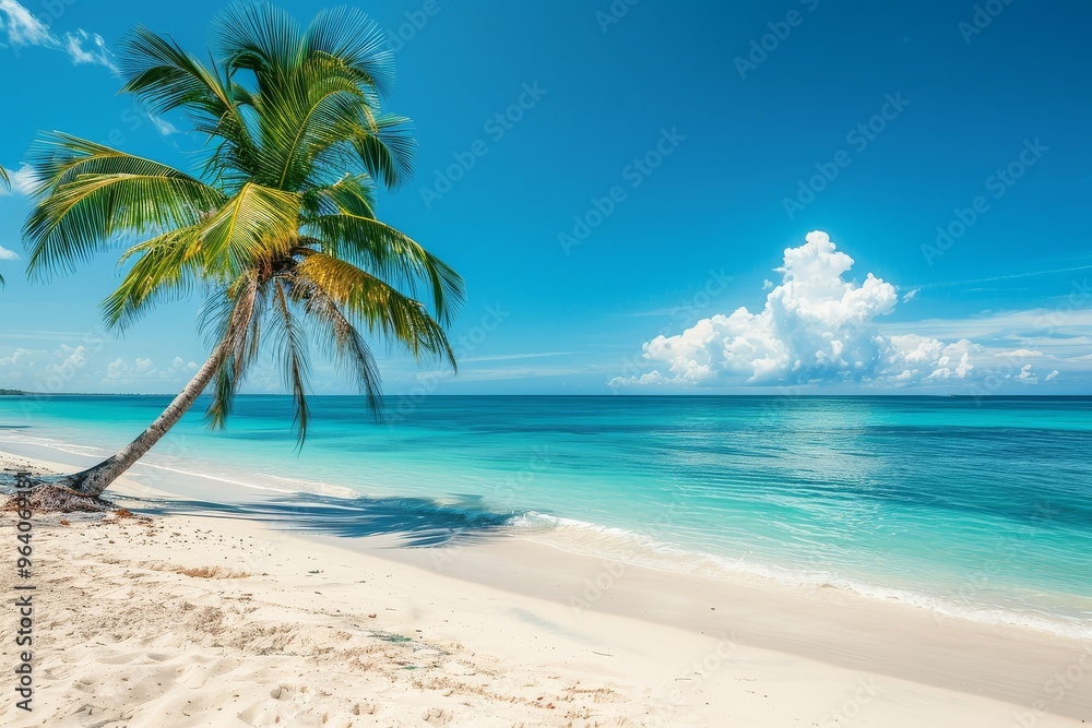 Tropical Caribbean beach with palm tree, white sand, and blue sky, high-resolution photo with bright colors and detailed sea. Tropical Caribbean beach with palm tree, white sand, and blue sky, high-resolution photo with bright colors and detailed sea.