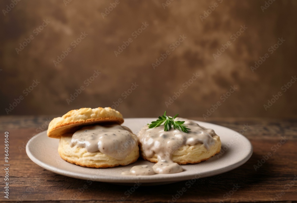 Biscuits with Creamy Gravy and Parsley on Rustic Brown Biscuits with Creamy Gravy and Parsley on Rustic Brown