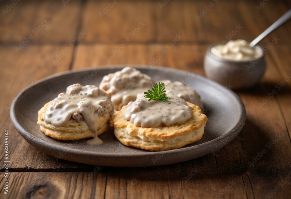 Biscuits with Sausage Gravy and Extra Gravy on Wooden Table Biscuits with Sausage Gravy and Extra Gravy on Wooden Table