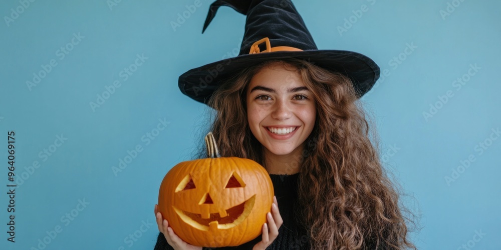 Young woman holding a carved pumpkin and wearing a witch hat on Halloween blue background Young woman holding a carved pumpkin and wearing a witch hat on Halloween blue background
