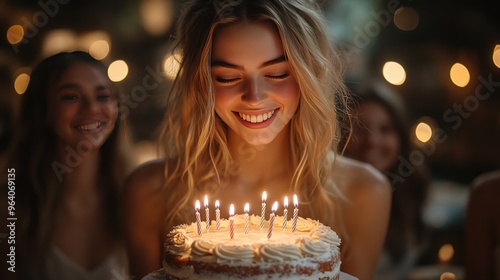 A young woman smiles as she blows out candles on a birthday cake surrounded by friends.