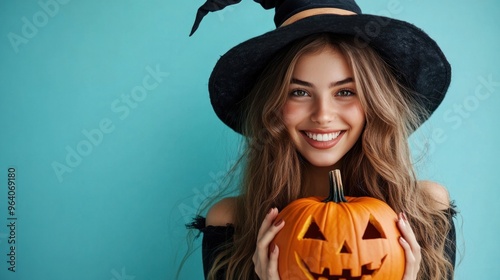 Young woman holding a carved pumpkin and wearing a witch hat on Halloween blue background