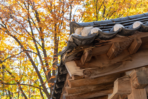 Close-up of the roof of Korean Traditional Building with beautiful autumn foliage, in Secret Garden or Huwon of Changdeokgung Palace photo