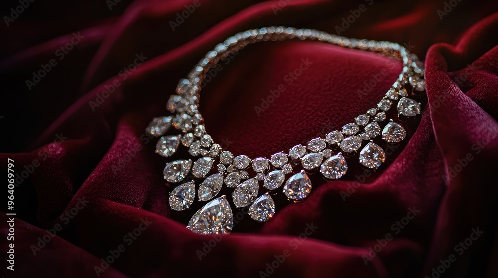 Glamorous close-up of a luxurious diamond necklace draped over a velvet cushion, showcasing its brilliance and opulence Glamorous close-up of a luxurious diamond necklace draped over a velvet cushion, showcasing its brilliance and opulence