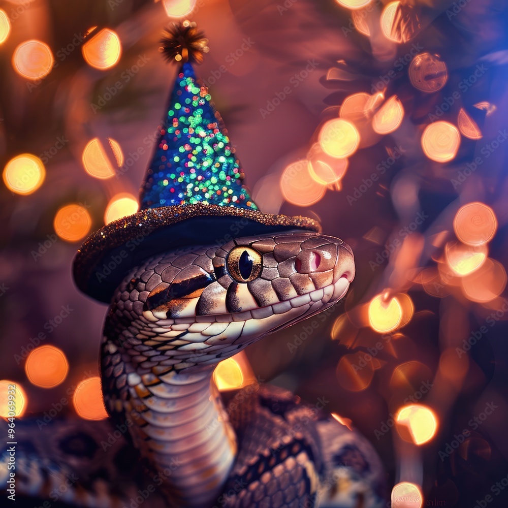 A snake decorated with a New Year's hat, wrapped in Christmas garlands, on a luminous festive background. Festive mood. A snake decorated with a New Year's hat, wrapped in Christmas garlands, on a luminous festive background. Festive mood.