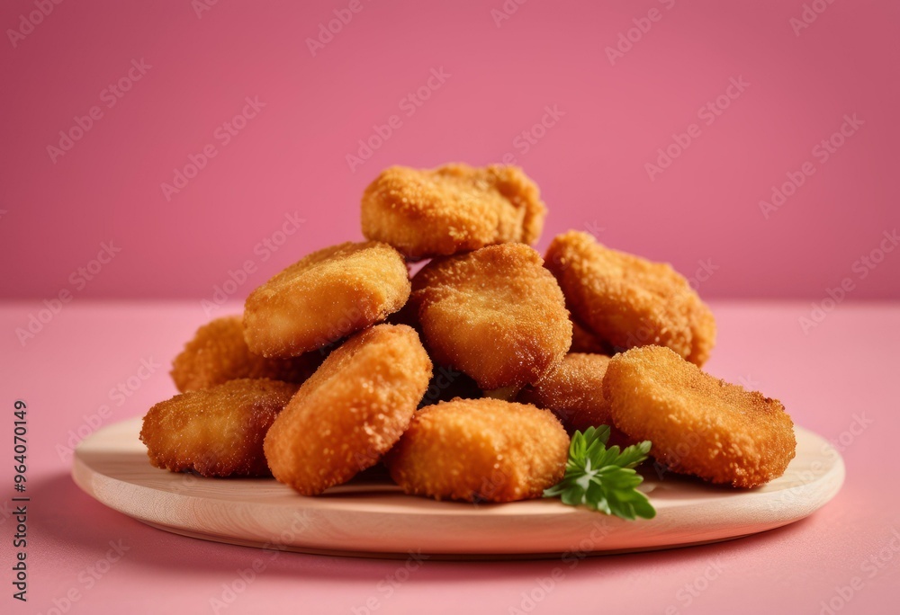 Breaded Chicken Nuggets on Wooden Board with Pink Background Breaded Chicken Nuggets on Wooden Board with Pink Background