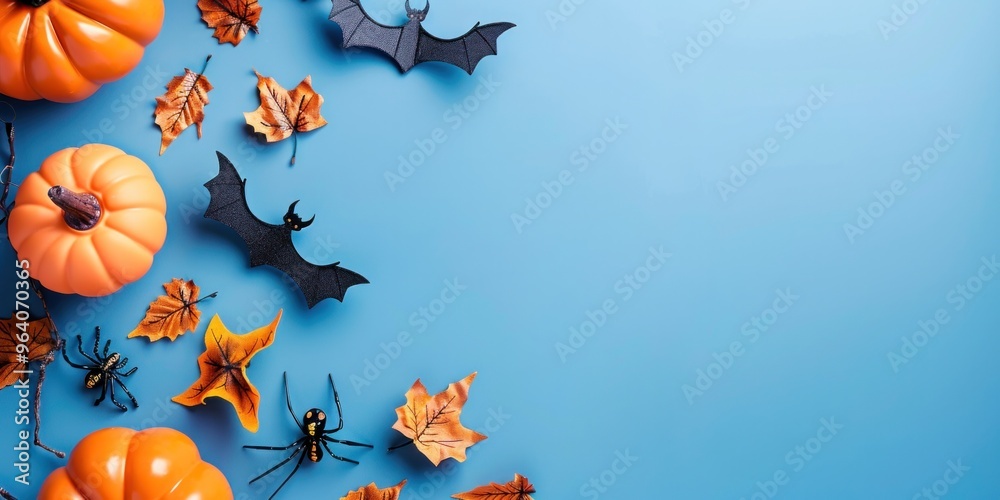 Background, space, copy text, Halloween, pumpkin, spider, bat, light blue background, flat lay Background, space, copy text, Halloween, pumpkin, spider, bat, light blue background, flat lay