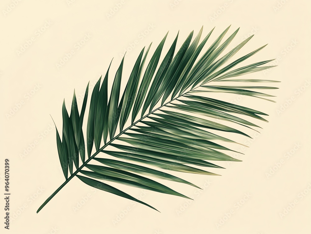 Fototapeta premium A single palm frond with green leaves isolated on a light beige background.
