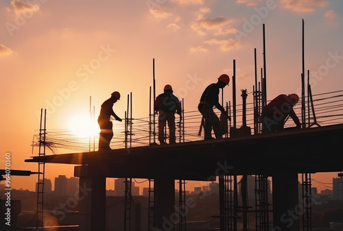 Obraz na płótnie Silhouetted Construction Workers at Sundown w salonie