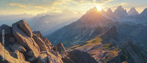 Fototapeta Naklejka Na Ścianę i Meble -  Panoramic photo of a Patagonian mountain peak at sunset.