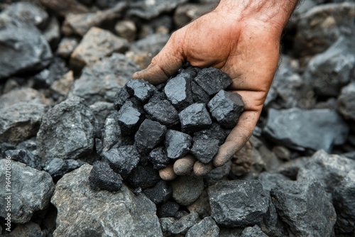 Top view, close-up of a man's hand holding a pile of coal under a pile of rocks.