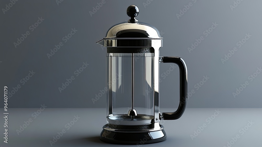 A shiny french press on a grey background. Perfect for websites or ads about coffee. A shiny french press on a grey background. Perfect for websites or ads about coffee.