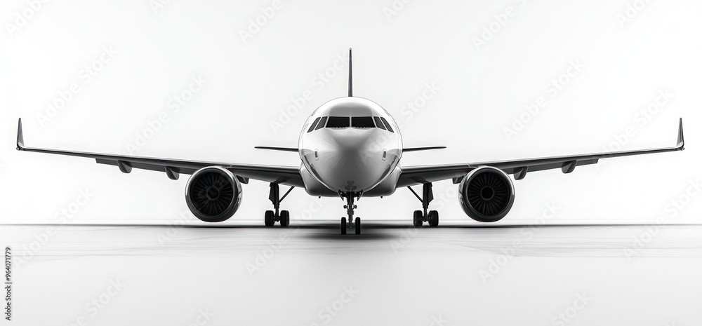 Front view of a white passenger airplane on the tarmac.