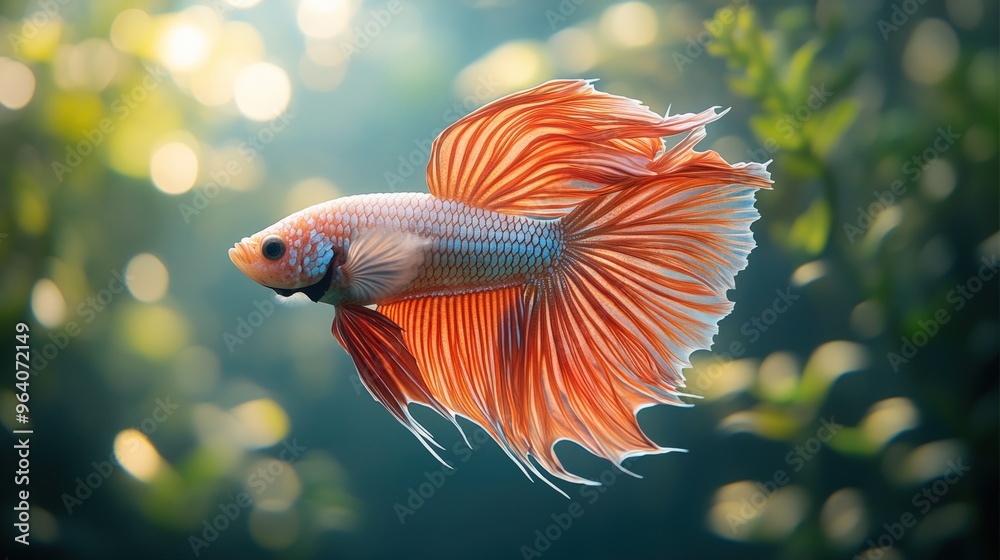 A vibrant orange betta fish with long flowing fins swims through a lush green aquatic environment. A vibrant orange betta fish with long flowing fins swims through a lush green aquatic environment.