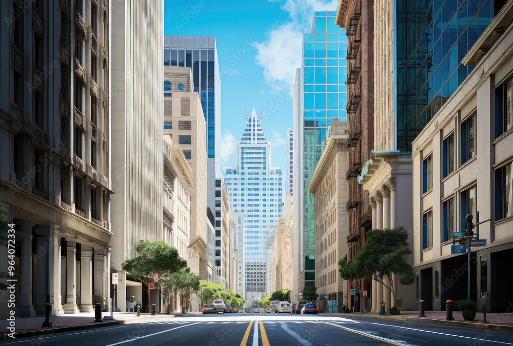 Sunny Day Downtown City Street Perspective Sunny Day Downtown City Street Perspective
