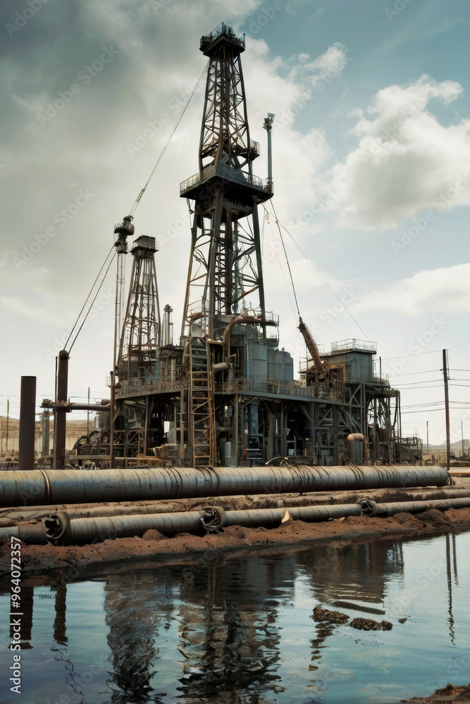 Oil field for extracting fossil fuels from the ground. Oil drilling rigs in the desert Oil field for extracting fossil fuels from the ground. Oil drilling rigs in the desert