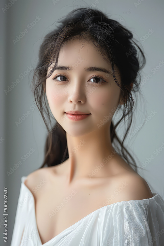 Chinese beauty, with black and smooth hair, Skin is authentic and natural, wearing a simple white dress. Generative AI. Chinese beauty, with black and smooth hair, Skin is authentic and natural, wearing a simple white dress. Generative AI.