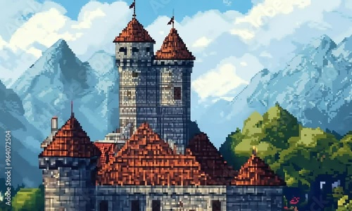 pixelated retro game style, Medieval castle with surrounding towers, 4K video stock