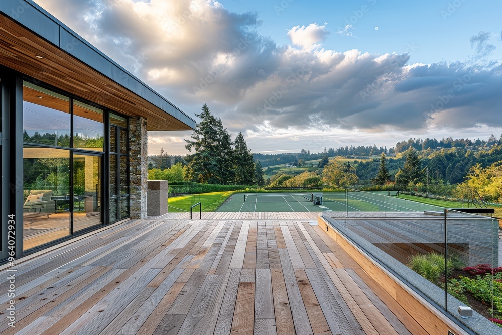 Panoramic view from a wooden deck with glass railing, overlooking green hills and a tennis court in the Black Pacific Northwest with a cloudy blue sky.