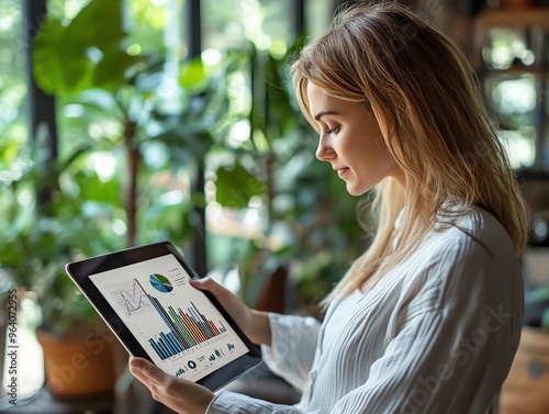 A young businesswoman reviewing business data on a digital tablet in a cafe.