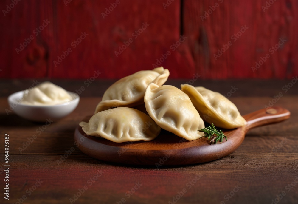 Freshly Made Dumplings with Rosemary and Creamy Sauce on Wooden Board with Rustic Red Backdrop Freshly Made Dumplings with Rosemary and Creamy Sauce on Wooden Board with Rustic Red Backdrop