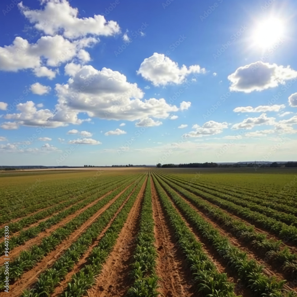 Sunny Agricultural Field with Rows of Crops and Blue Sky Sunny Agricultural Field with Rows of Crops and Blue Sky