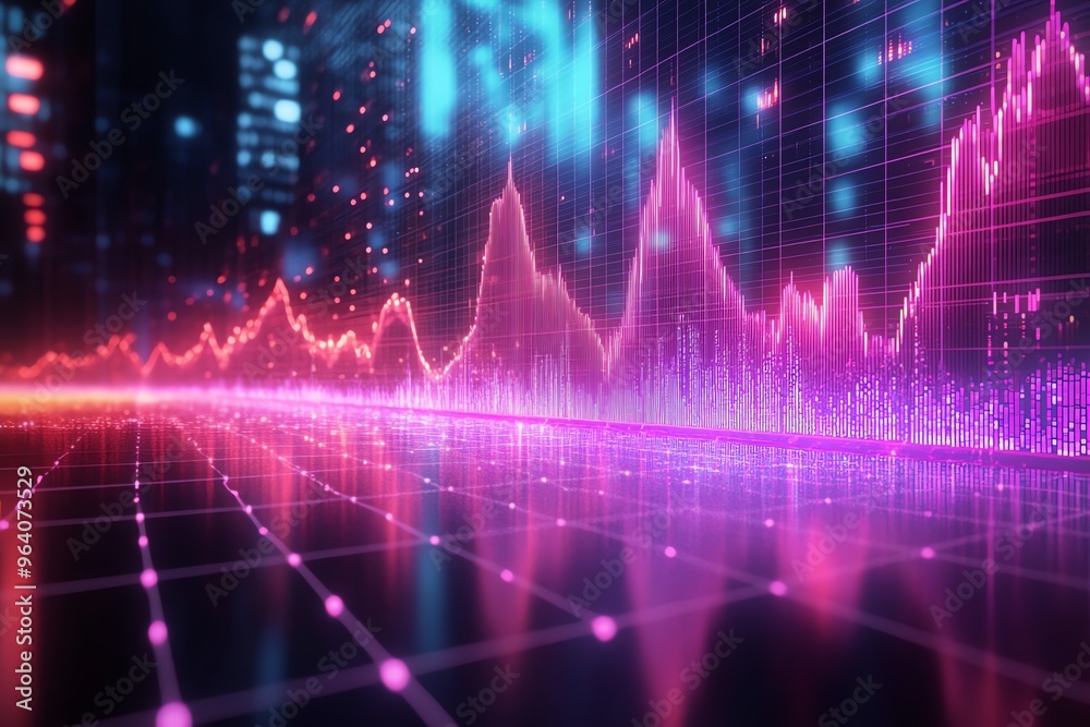 Abstract glowing grid with a colorful line chart in the background. Abstract glowing grid with a colorful line chart in the background.