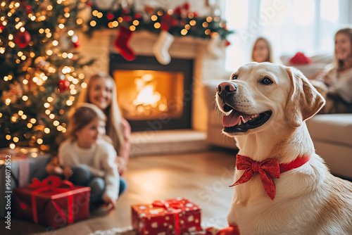 Family celebrating Christmas with a happy dog in a cozy setting