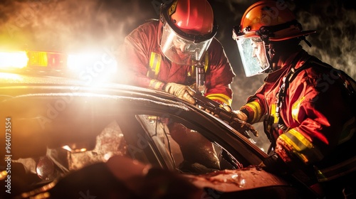 Close-up of emergency responders using Extrication equipment of life to free a trapped driver in car, car accident concept. photo