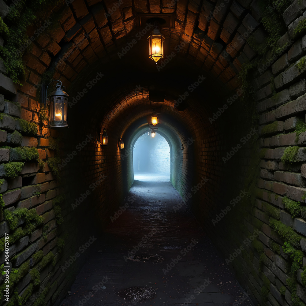 Dimly Lit Brick Tunnel with Lanterns Leading to Bright Exit Dimly Lit Brick Tunnel with Lanterns Leading to Bright Exit