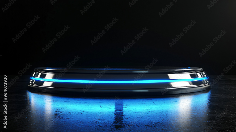 Modern Futuristic Metallic Podium with Neon Blue Spotlight and Dark Backdrop