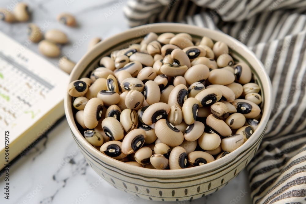 Photo, a detailed nutritional chart of black-eyed peas on a table with a bowl of the peas and a notepad, high-angle composition, bright indoor lighting, clean background Photo, a detailed nutritional chart of black-eyed peas on a table with a bowl of the peas and a notepad, high-angle composition, bright indoor lighting, clean background