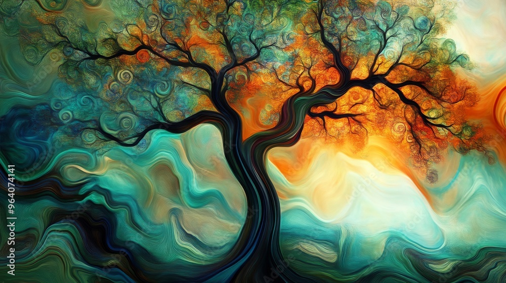 Abstract painting of a colorful tree with Abstract painting of a colorful tree with