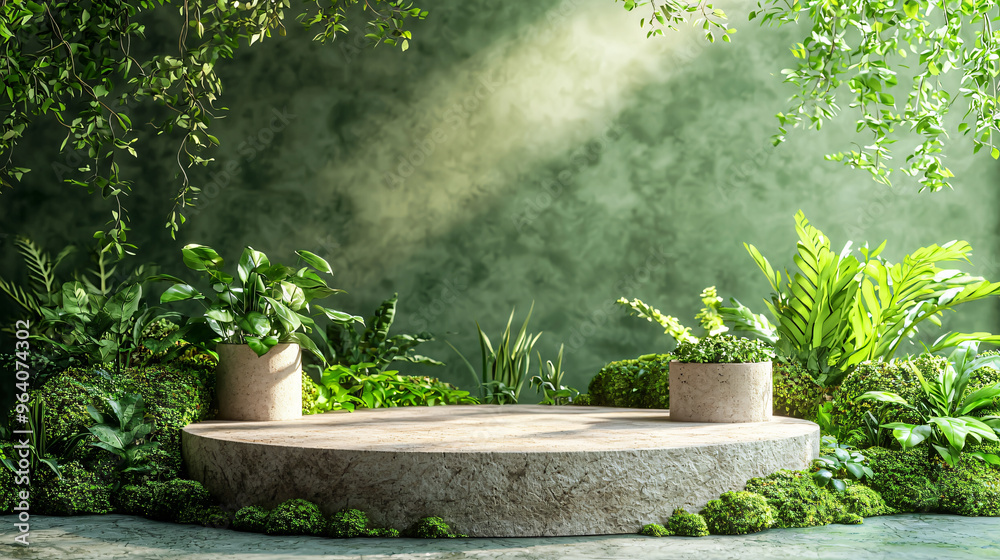 Natural Eco-Friendly Podium with Lush Greenery and Wooden Elements Natural Eco-Friendly Podium with Lush Greenery and Wooden Elements